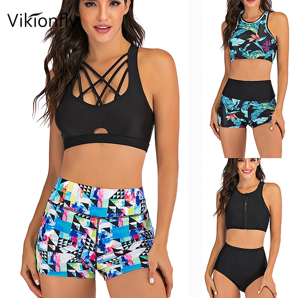 Vikionfly High Waist Bikini Set With Shorts Swimsuit Women 2021 Padded Floral Sport Swim Push Up Crop Top Swimwear Bathing Suit