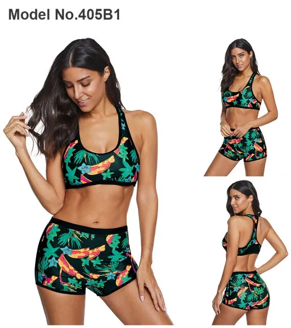 Vikionfly High Waist Bikini Set With Shorts Swimsuit Women 2021 Padded Floral Sport Swim Push Up Crop Top Swimwear Bathing Suit
