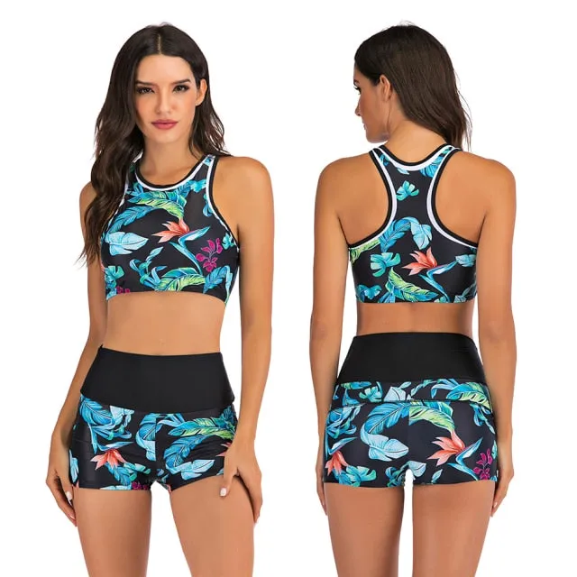 Vikionfly High Waist Bikini Set With Shorts Swimsuit Women 2021 Padded Floral Sport Swim Push Up Crop Top Swimwear Bathing Suit