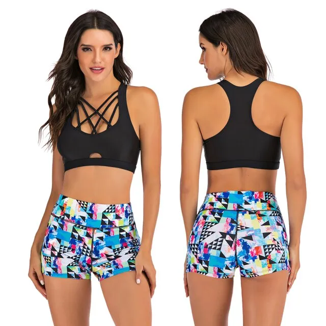 Vikionfly High Waist Bikini Set With Shorts Swimsuit Women 2021 Padded Floral Sport Swim Push Up Crop Top Swimwear Bathing Suit