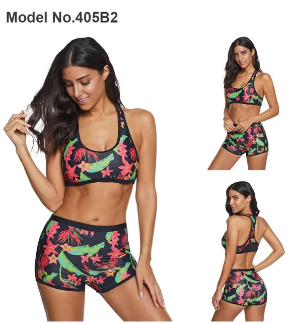 Vikionfly High Waist Bikini Set With Shorts Swimsuit Women 2021 Padded Floral Sport Swim Push Up Crop Top Swimwear Bathing Suit