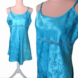 Vintage 80s 90s Teal Floral Satin Mini Slip Dress Chemise Size XL