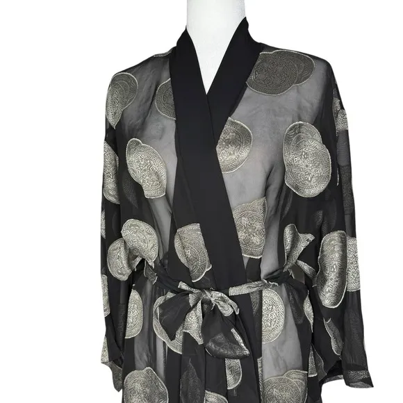 Vintage 90's Josie Robe One Size Sheer Satin Trim Kimono Medallion Lingerie