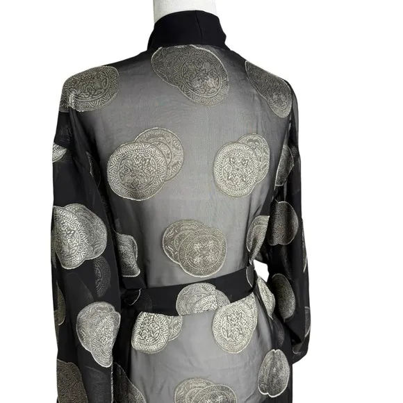 Vintage 90's Josie Robe One Size Sheer Satin Trim Kimono Medallion Lingerie
