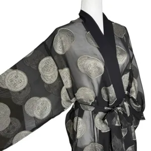 Vintage 90's Josie Robe One Size Sheer Satin Trim Kimono Medallion Lingerie