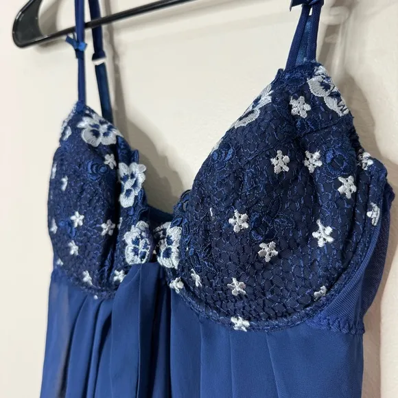 Vintage 90s Victoria’s Secret Blue Sheer Open Front Lace Push-up Maxi Nightgown