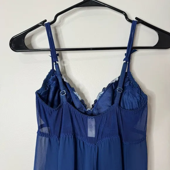 Vintage 90s Victoria’s Secret Blue Sheer Open Front Lace Push-up Maxi Nightgown