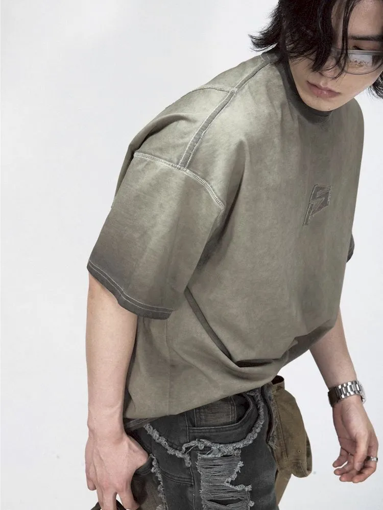 Vintage grey loose fit short sleeve tops【s0000008490】