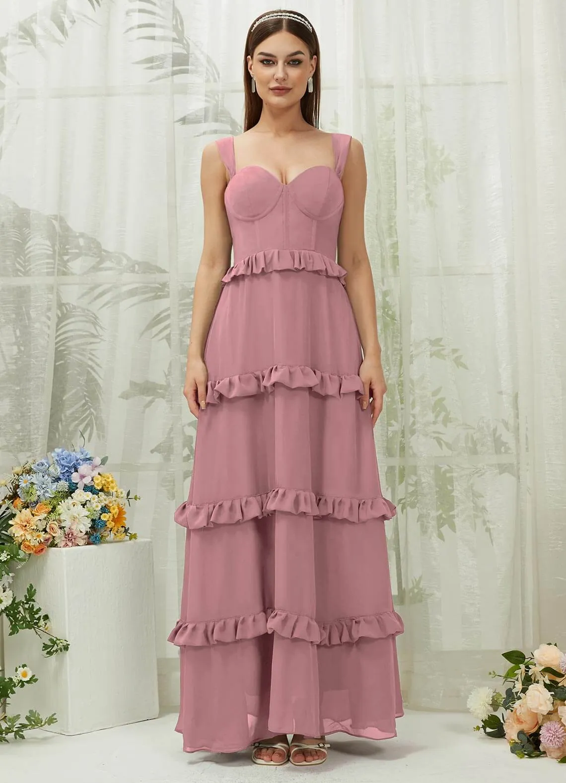 Vintage Mauve Chiffon Sweetheart Straps Tiered Maxi Bridesmaid Dresses