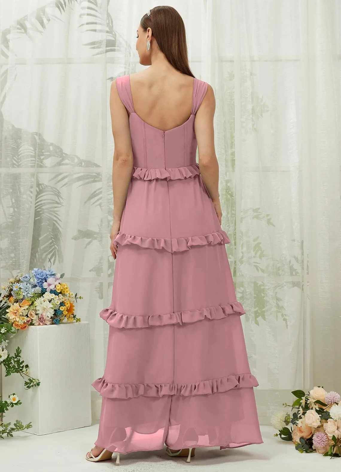 Vintage Mauve Chiffon Sweetheart Straps Tiered Maxi Bridesmaid Dresses