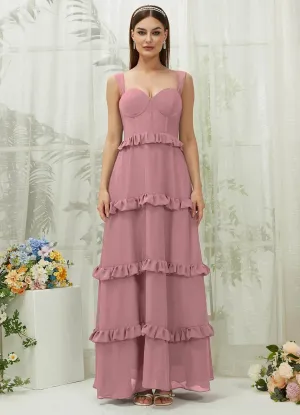 Vintage Mauve Chiffon Sweetheart Straps Tiered Maxi Bridesmaid Dresses