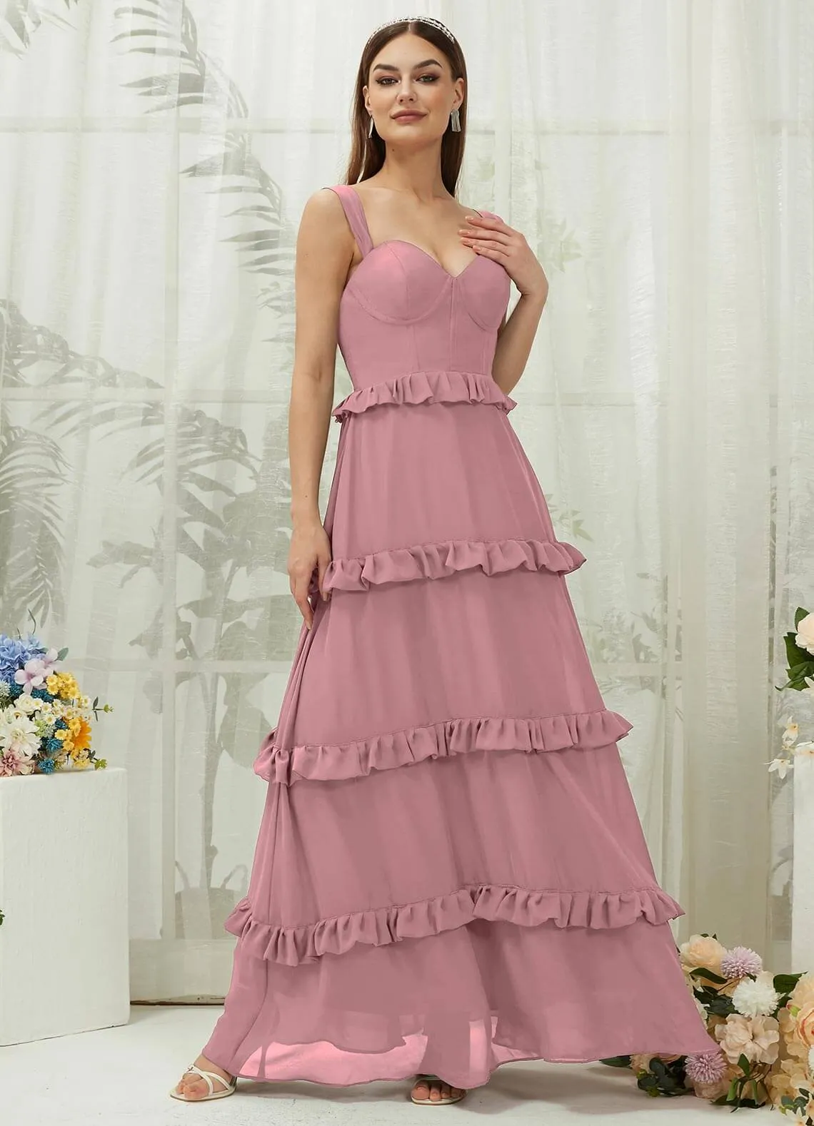 Vintage Mauve Chiffon Sweetheart Straps Tiered Maxi Bridesmaid Dresses