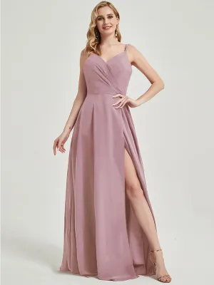 Vintage Mauve Spaghetti Strap Slit Lace Chiffon Maxi Bridesmaid Dress