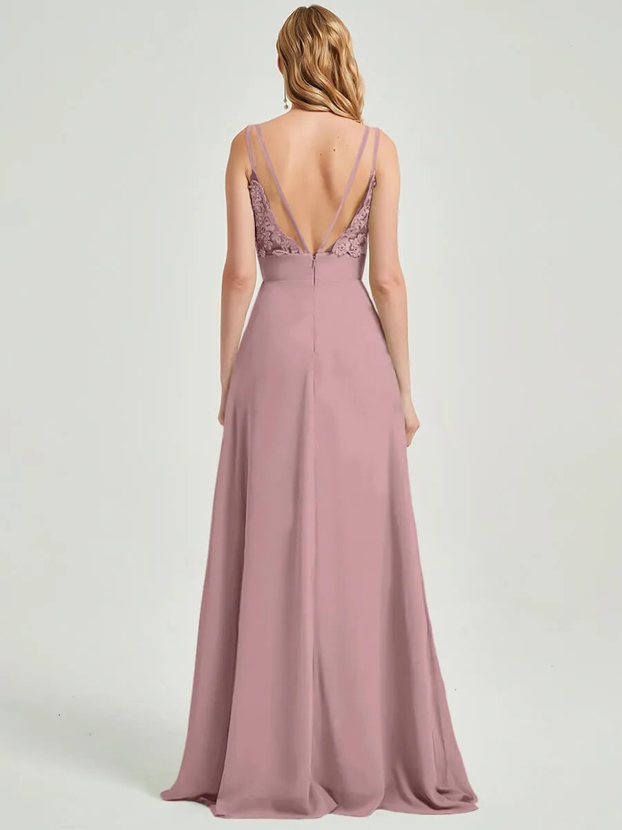 Vintage Mauve Spaghetti Strap Slit Lace Chiffon Maxi Bridesmaid Dress