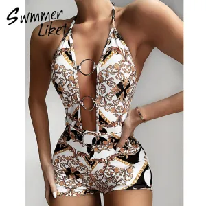 Vintage one piece swimsuit women Belt bathing suit Print swimwear 2020 female Hollow out bodysuit bathers bikini Retro Monokini