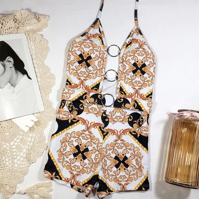 Vintage one piece swimsuit women Belt bathing suit Print swimwear 2020 female Hollow out bodysuit bathers bikini Retro Monokini