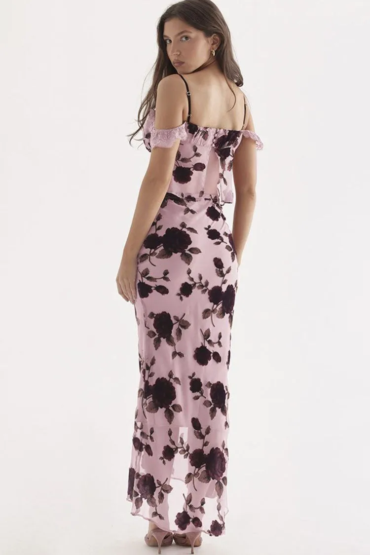 Vintage Ruffle Lace Trim Mesh High Waist Two Piece Maxi Dress - Floral