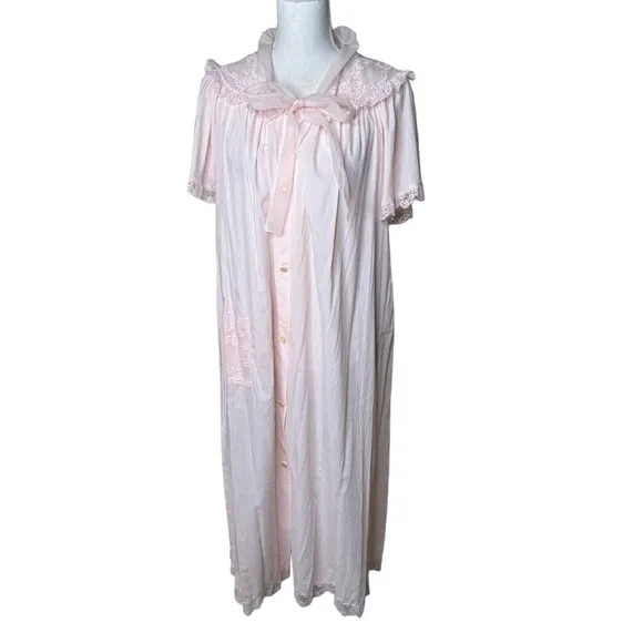 Vintage Sears Royal Charmode Bathrobe House Coat Gown Sz 32 Pink Lace Bow a10