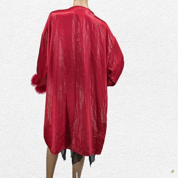 Vintage y2k Red Satin Robe Feather Cuffs Shimmer Glitter Valentines Size XL