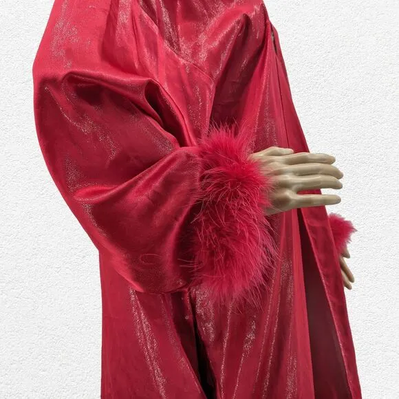Vintage y2k Red Satin Robe Feather Cuffs Shimmer Glitter Valentines Size XL