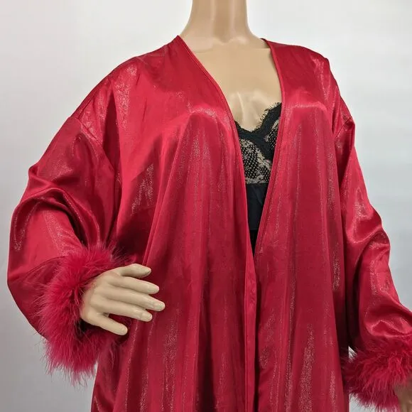 Vintage y2k Red Satin Robe Feather Cuffs Shimmer Glitter Valentines Size XL