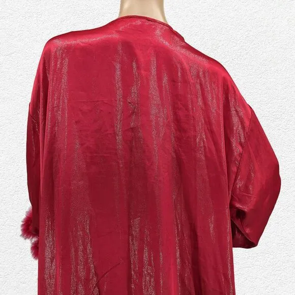 Vintage y2k Red Satin Robe Feather Cuffs Shimmer Glitter Valentines Size XL