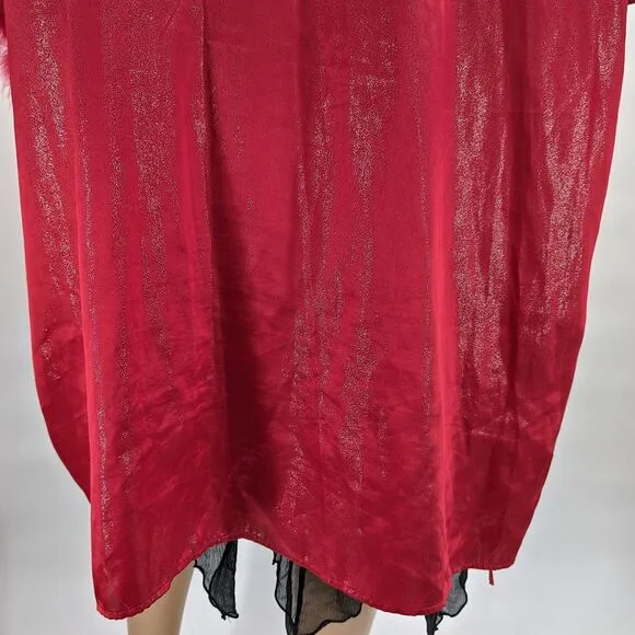 Vintage y2k Red Satin Robe Feather Cuffs Shimmer Glitter Valentines Size XL