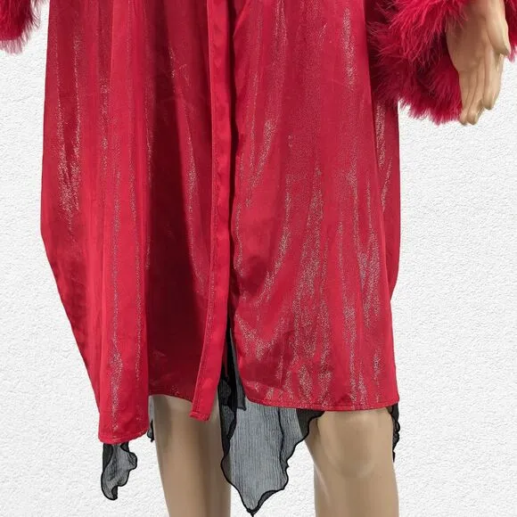 Vintage y2k Red Satin Robe Feather Cuffs Shimmer Glitter Valentines Size XL