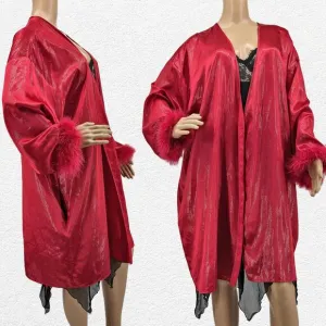 Vintage y2k Red Satin Robe Feather Cuffs Shimmer Glitter Valentines Size XL