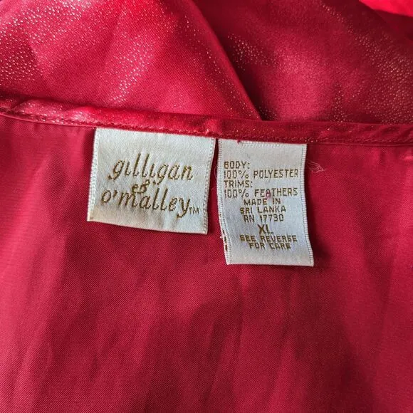Vintage y2k Red Satin Robe Feather Cuffs Shimmer Glitter Valentines Size XL