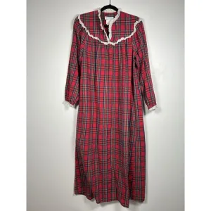 VTG Lanz Of Salzburg 70s Tartan Plaid Cotton Flannel Nightgown Red Womens Size M