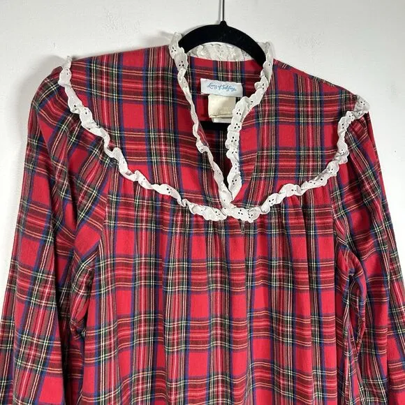 VTG Lanz Of Salzburg 70s Tartan Plaid Cotton Flannel Nightgown Red Womens Size M