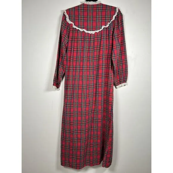 VTG Lanz Of Salzburg 70s Tartan Plaid Cotton Flannel Nightgown Red Womens Size M