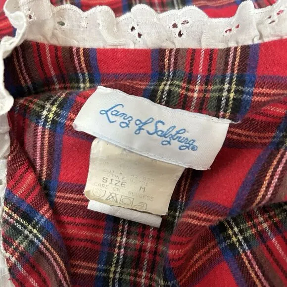 VTG Lanz Of Salzburg 70s Tartan Plaid Cotton Flannel Nightgown Red Womens Size M