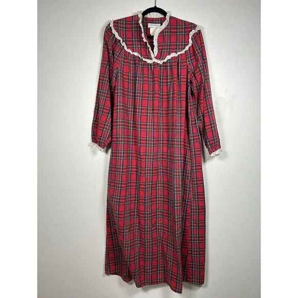 VTG Lanz Of Salzburg 70s Tartan Plaid Cotton Flannel Nightgown Red Womens Size M