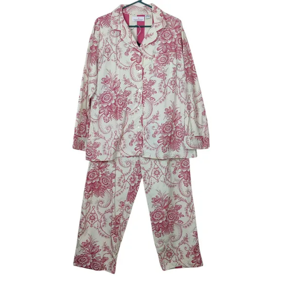 Vtg The Chandler Collection Floral Red Cream Button From Pajama Set L/XL