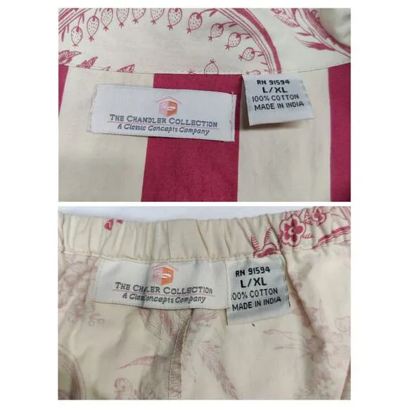 Vtg The Chandler Collection Floral Red Cream Button From Pajama Set L/XL