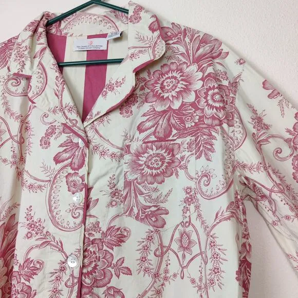 Vtg The Chandler Collection Floral Red Cream Button From Pajama Set L/XL