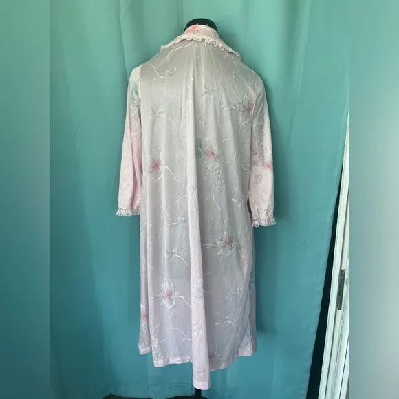 Vtg Val Mode Pink Peignoir Night Gown W/ Floral and Pink Lace Collar &amp; Trim Sz M