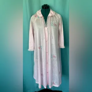 Vtg Val Mode Pink Peignoir Night Gown W/ Floral and Pink Lace Collar &amp; Trim Sz M