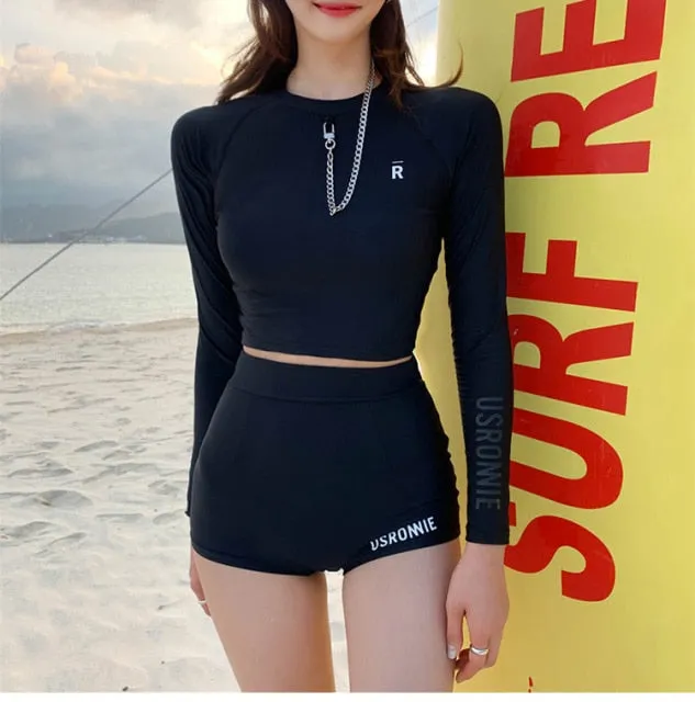 WackDaria Hot Women Tow pieces Long Sleeve Short Pants Swimwear Swimsuit Rash Guard Wetsuit surfing suit beachwear zipper