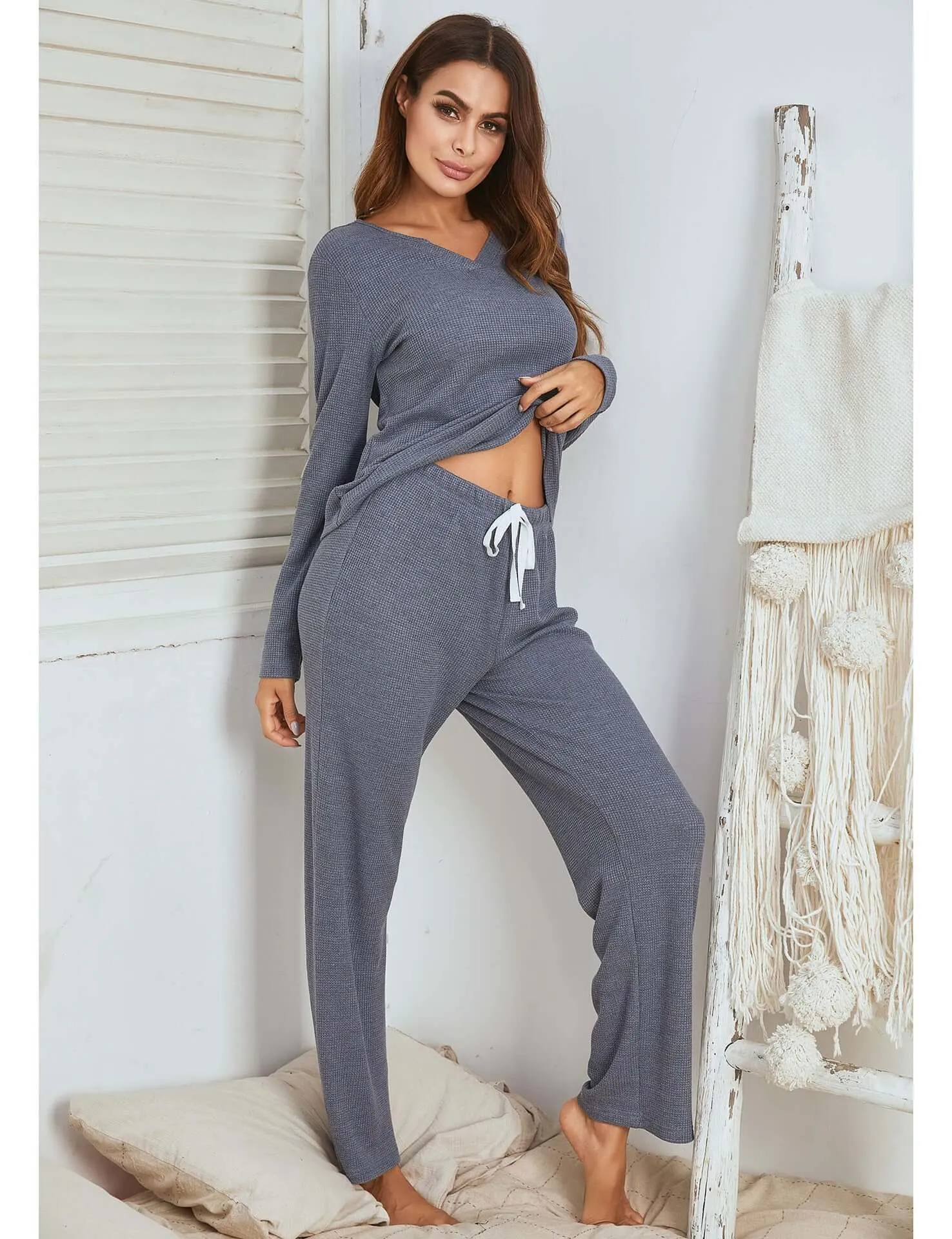 Waffle Long Sleeve Long Pajamas Women's Suit