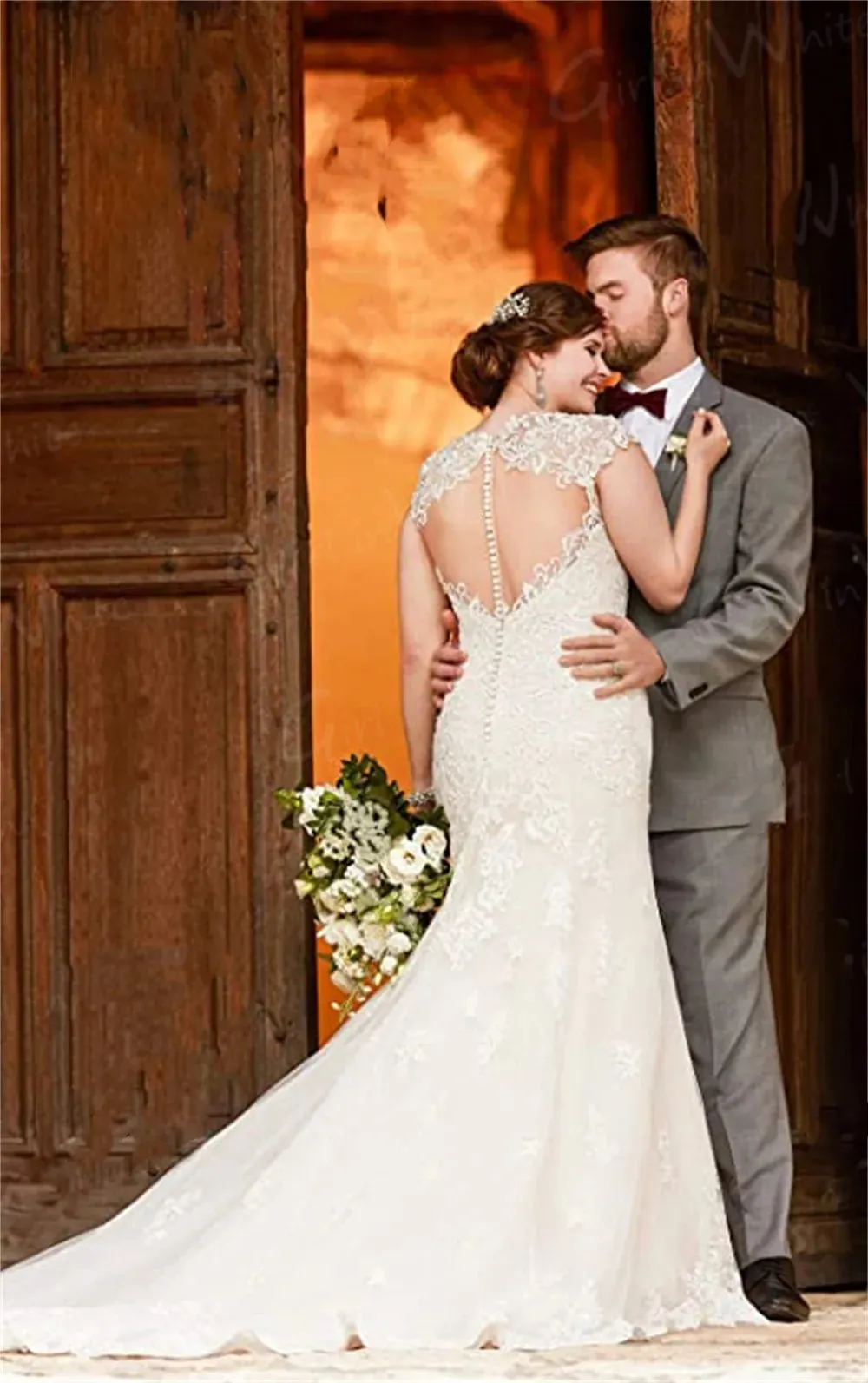 Wedding Dress Backless Cap Sleeve Trumpet Bride Dresses