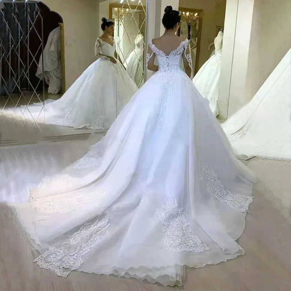 Wedding Dress Ball Gown V Neck Appliques Full Sleeve Wedding Dress