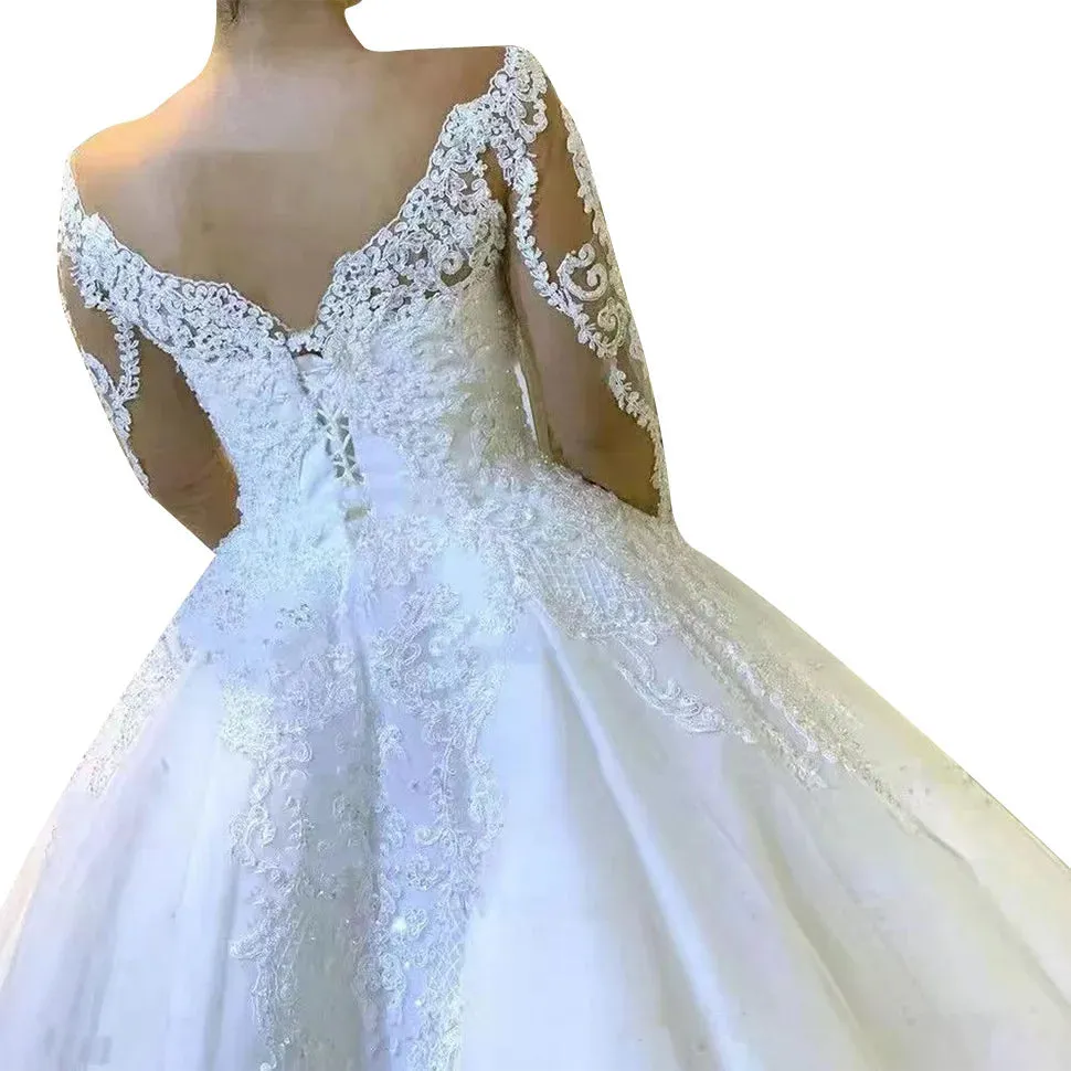 Wedding Dress Ball Gown V Neck Appliques Full Sleeve Wedding Dress
