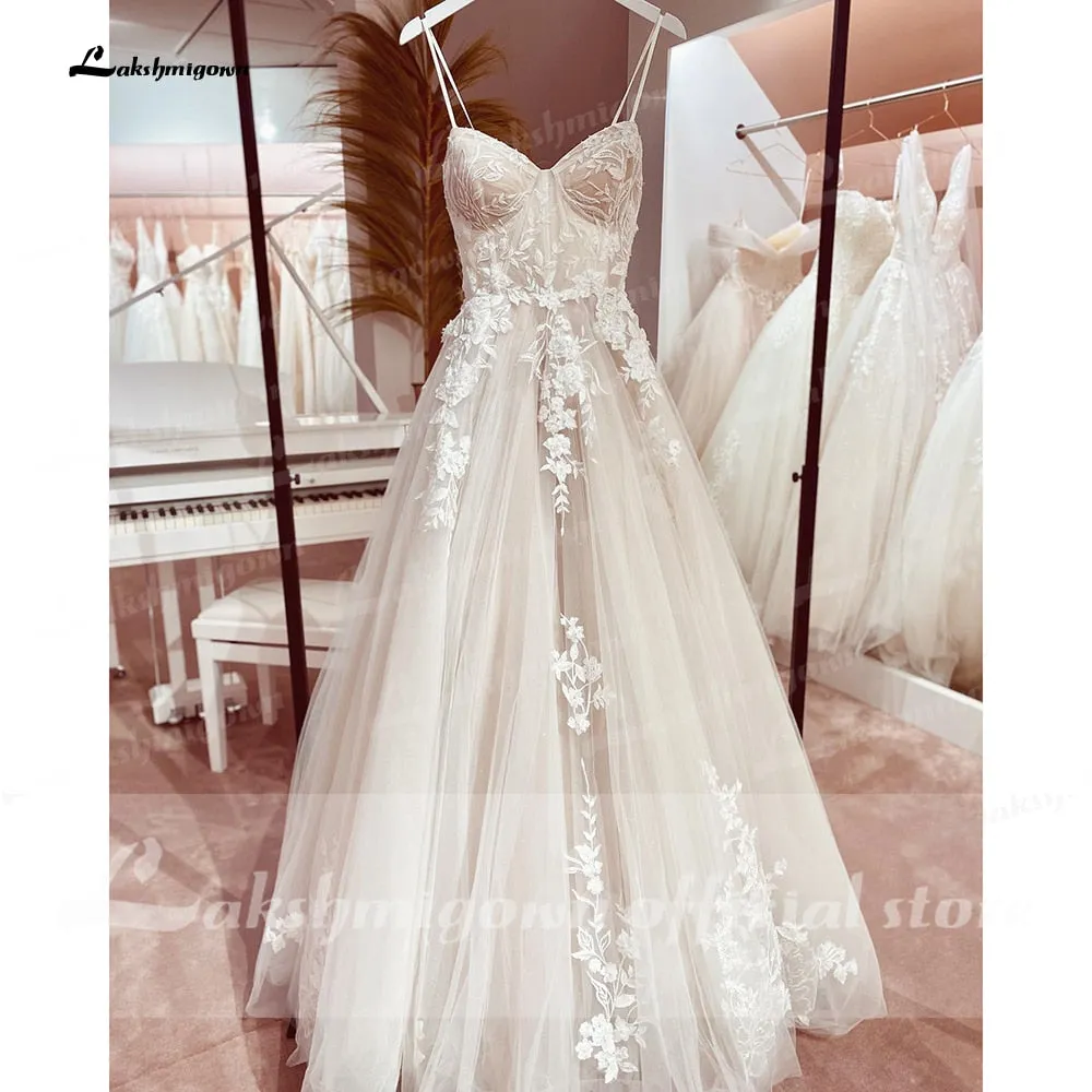 Wedding Dress Bridal Robe Vestido Spaghetti Straps Chapel Train