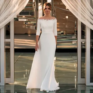 Wedding Dress Elegant Boat Neck 3/4 Sleeves Beading
