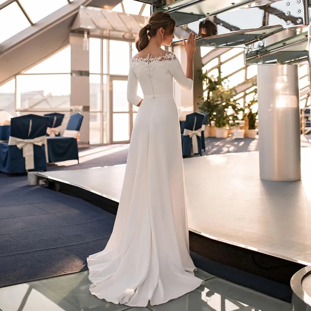 Wedding Dress Elegant Boat Neck 3/4 Sleeves Beading