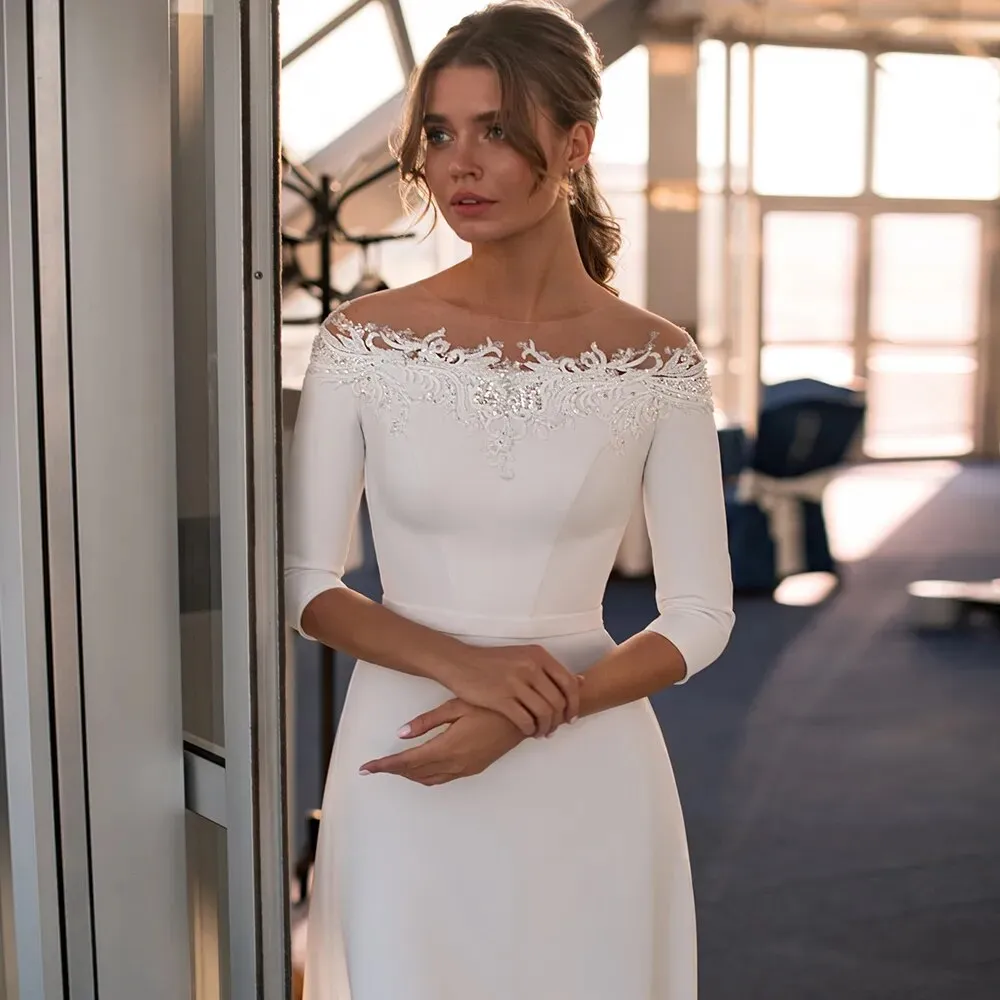 Wedding Dress Elegant Boat Neck 3/4 Sleeves Beading
