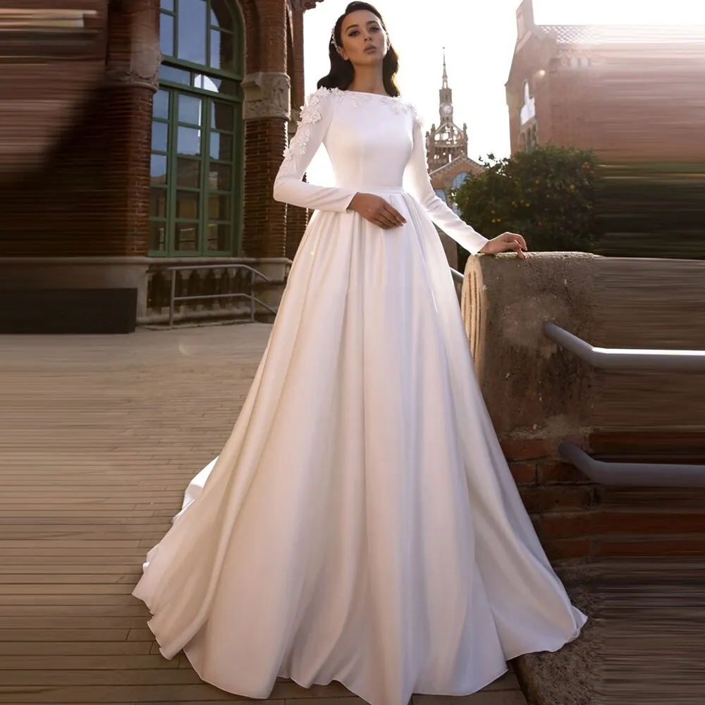 Wedding Dress Long Sleeves A Line Bride Gowns 3D Flowers Vintage
